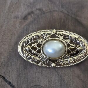 Vintage Oval Center Faux Pearl Cabochon Ornate Filigree Frame Brooch Pin